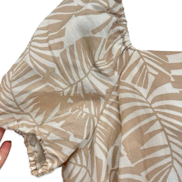 Ann Taylor LOFT Tan Palm Leaf Linen Square Neck Puff Sleeve Dress sz 12 NEW Tags - Picture 8 of 13